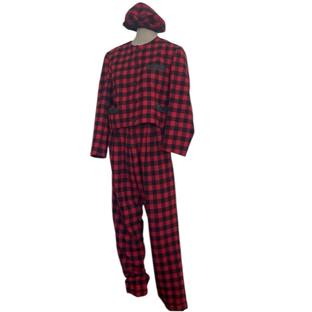 Vintage 1982 Mr Cat 3 pc pant suit crop jacket wool red plaid Spanish size M 40